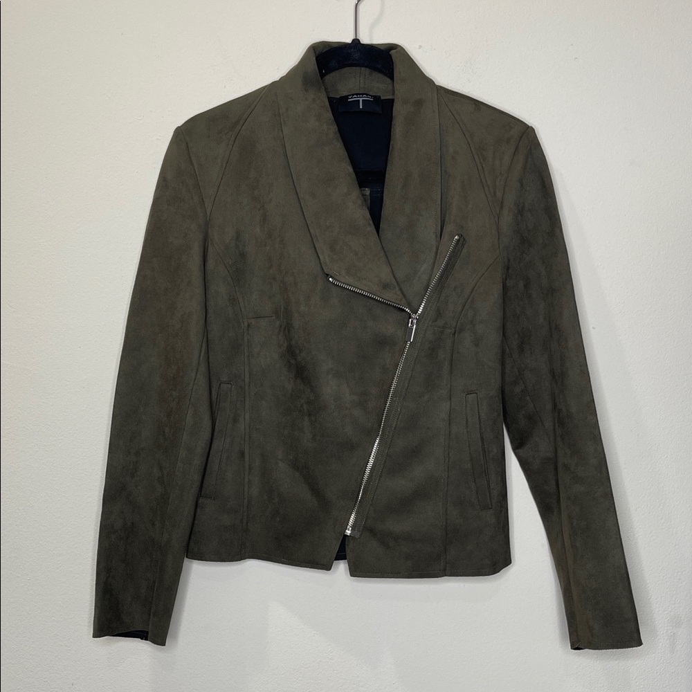 T TAHARI Faux Leather Draped Moto Jacket In Carbon Sky Asymmetrical Zipper